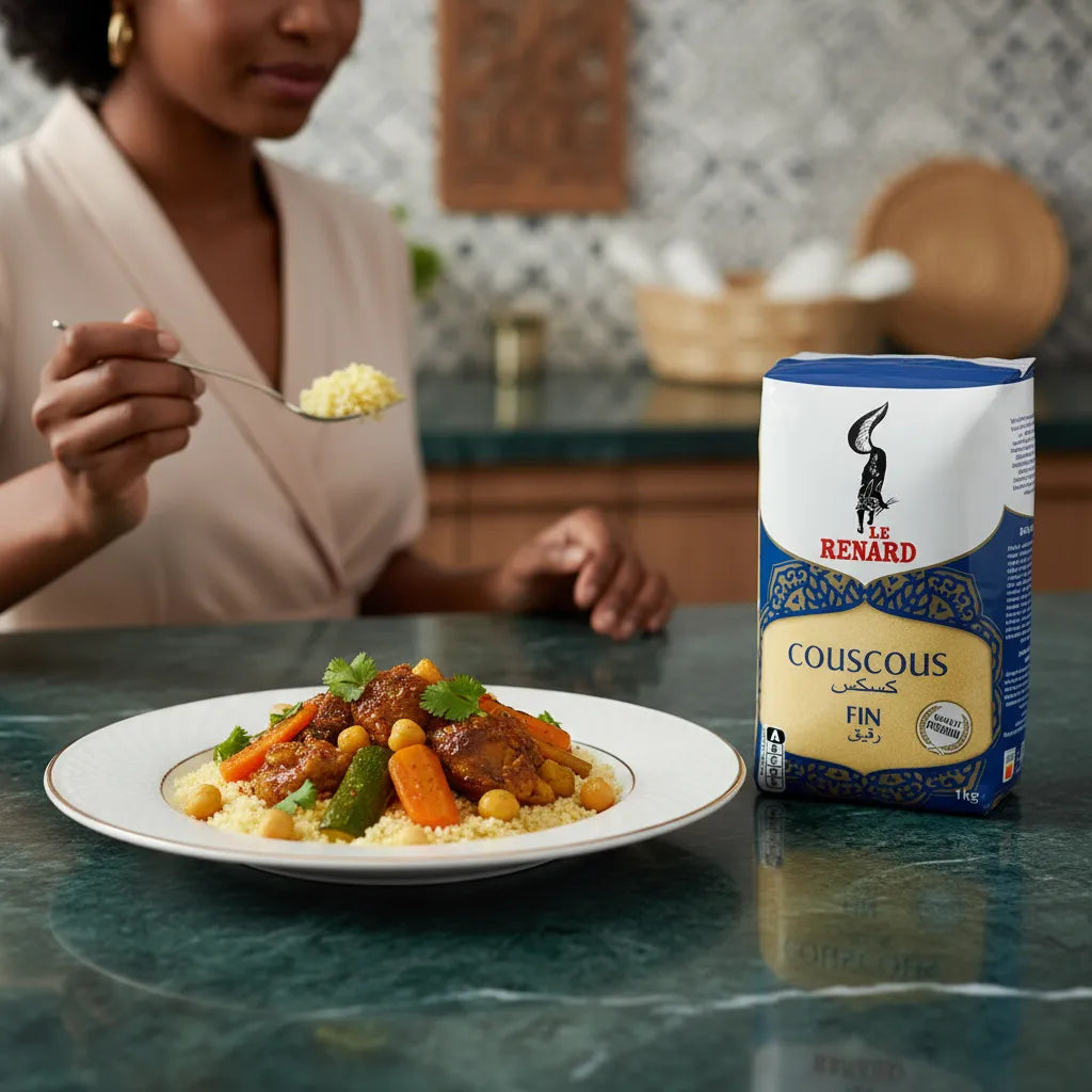 Assiette de couscous fin RENARD servi avec légumes et pois chiches, mettant en valeur sa polyvalence culinaire familiale.