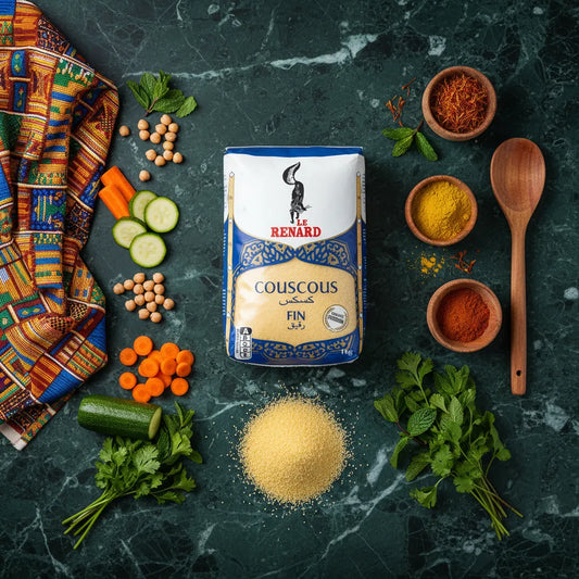 Couscous fin RENARD entouré d'ingrédients frais et d'épices, parfait pour des recettes variées et équilibrées du quotidien.