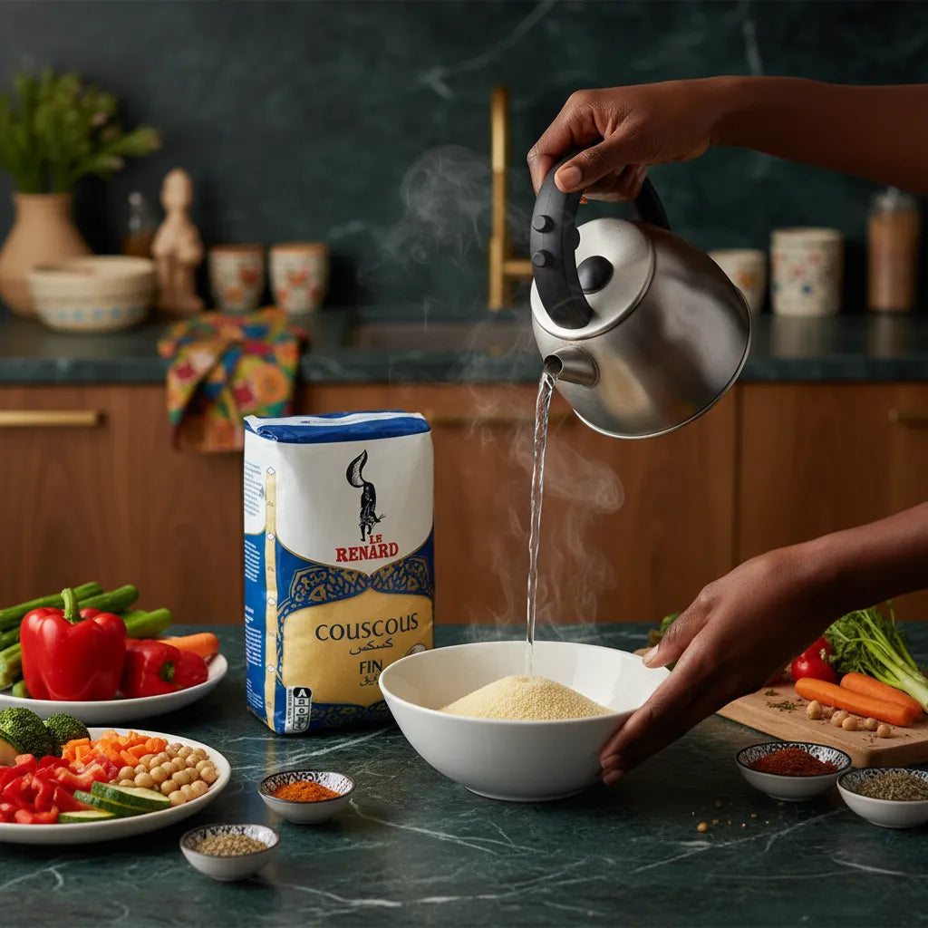 Préparation du couscous fin RENARD avec eau chaude, illustrant sa cuisson rapide pour des repas pratiques et savoureux.
