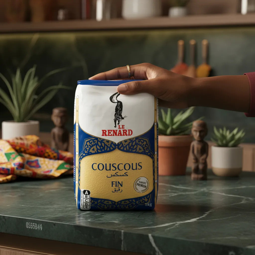 Main tenant un paquet de couscous fin RENARD sur un plan de travail, soulignant sa praticité pour la cuisine quotidienne.