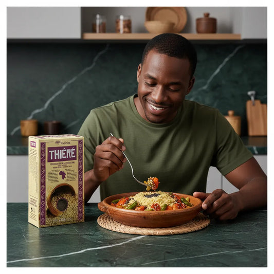 Homme dégustant un plat préparé avec Thiéré RACINES - Saveur Authentique, ingrédient unique pour cuisine africaine maison.