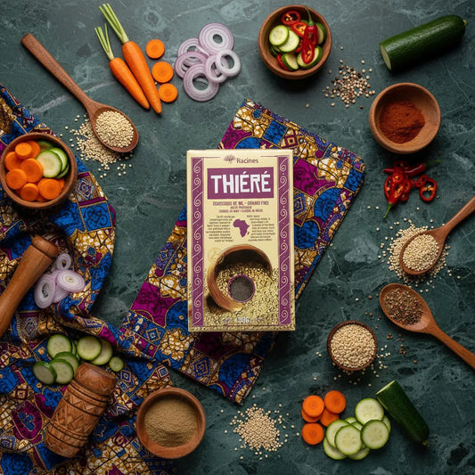 Thiéré RACINES - Saveur Authentique présenté avec légumes frais et épices, ingrédient polyvalent pour recettes africaines traditionnelles.