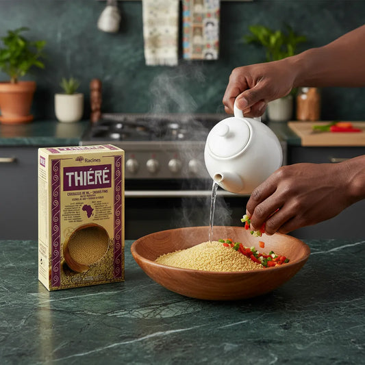 Préparation culinaire avec Thiéré RACINES - Saveur Authentique, couscous de mil arrosé d’eau chaude et légumes, parfait pour plats savoureux.