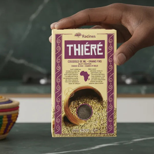 Main tenant une boîte de Thiéré RACINES - Saveur Authentique, couscous de mil traditionnel, produit d’épicerie salée riche en goût.
