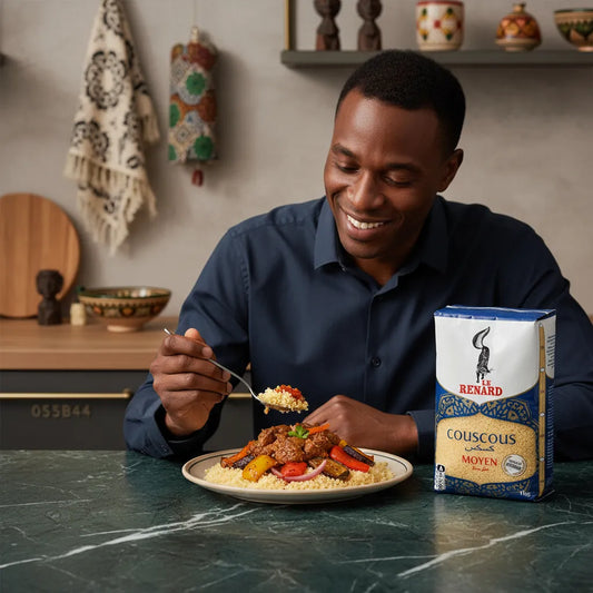 Homme dégustant un plat de couscous moyen RENARD, semoule de blé dur, accompagné de légumes et viande dans une ambiance conviviale.