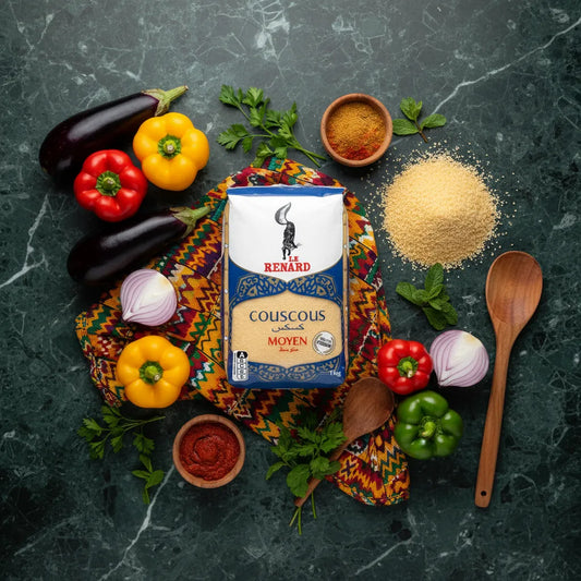 Couscous moyen RENARD entouré de légumes frais, épices et semoule, parfait pour des recettes orientales riches en saveurs.