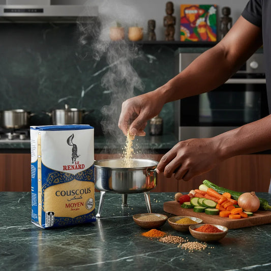 Préparation du couscous moyen RENARD - Semoule de blé dur versée dans une casserole avec légumes frais et épices en arrière-plan.