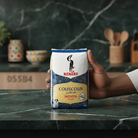 Main tenant un paquet de couscous moyen RENARD - Semoule de blé dur, idéal pour une cuisine rapide et savoureuse au quotidien.