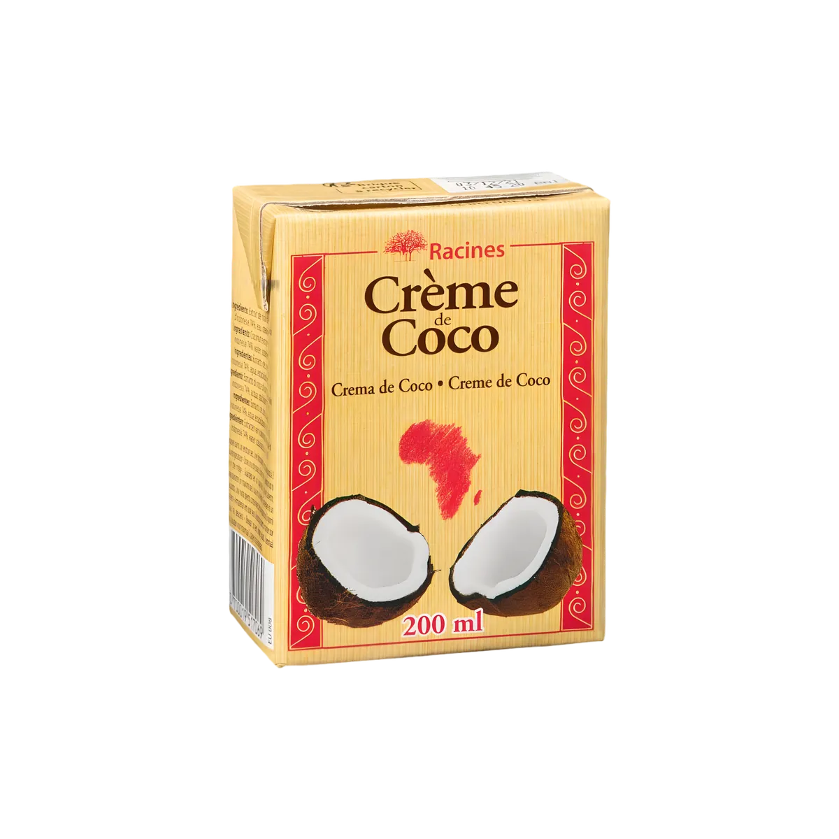 Crème de Coco Naturelle - RACINES 200 ml, extrait de chair de noix de coco mûre, emballage carton avec visuel Afrique et noix ouvertes.