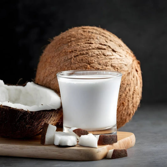 Verre de crème de coco naturelle RACINES avec noix de coco fraîche coupée, ingrédient idéal pour recettes exotiques sucrées et salées.