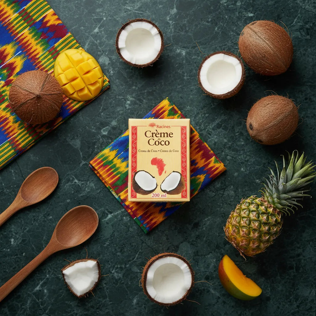 Crème de Coco Naturelle - RACINES 200 ml entourée de noix de coco, ananas et mangue, parfaite pour plats tropicaux et desserts exotiques.
