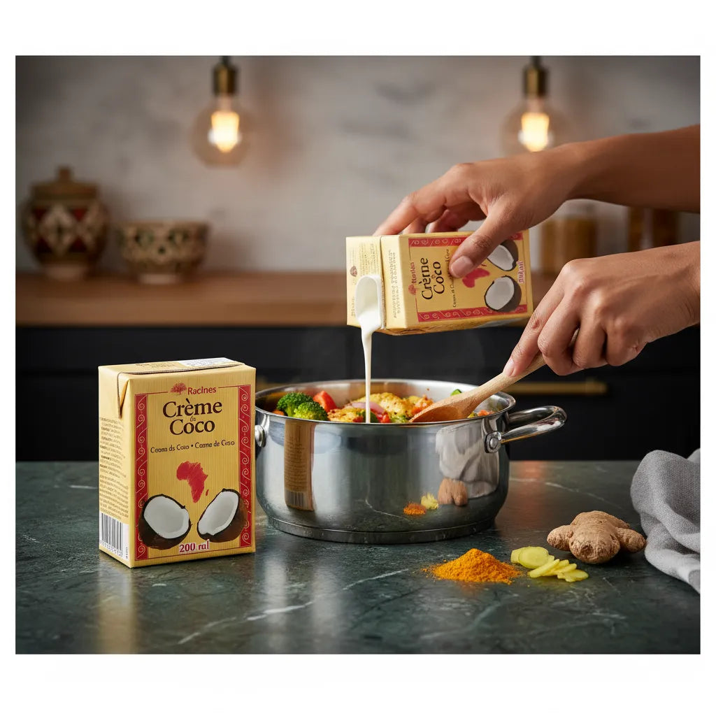Versement de Crème de Coco Naturelle - RACINES dans une casserole de légumes, ingrédient essentiel pour sauces onctueuses et plats exotiques.