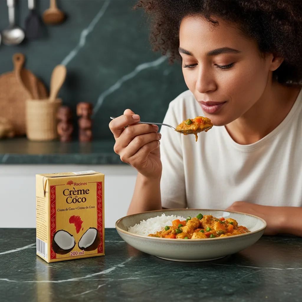 Femme dégustant un plat au curry préparé avec la Crème de Coco Naturelle - RACINES, boisson onctueuse à base de coco pour recettes savoureuses.