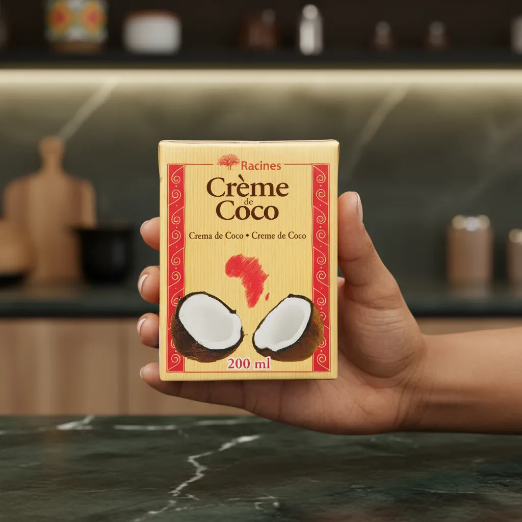 Main tenant une brique de Crème de Coco Naturelle - RACINES, boisson à base de coco pure, idéale pour la cuisine créative et gourmande.