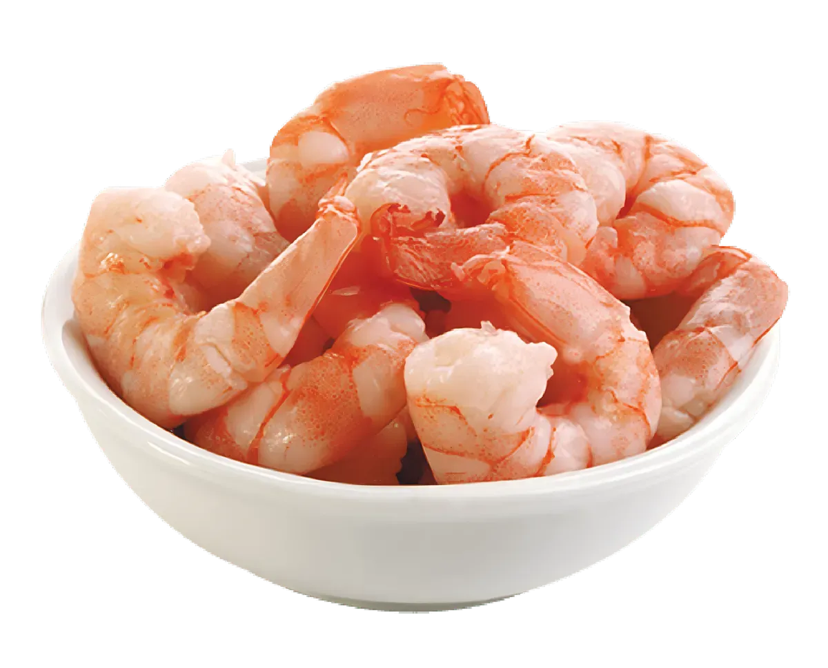 Bol de crevettes cuites décortiquées - Saveur et Praticité, parfaites pour enrichir salades ou plats de fruits de mer avec fraîcheur et goût.