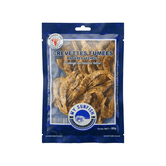 Sachet bleu de crevettes fumées séchées "My Sunfish Number One" : un tas de crevettes séchées.