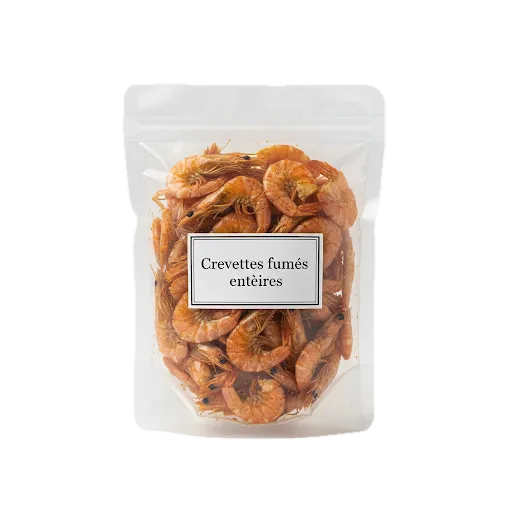 Crevettes fumées entières en sachet refermable, idéales pour préparer la poudre de crevettes fumées. Saveur riche pour plats variés.