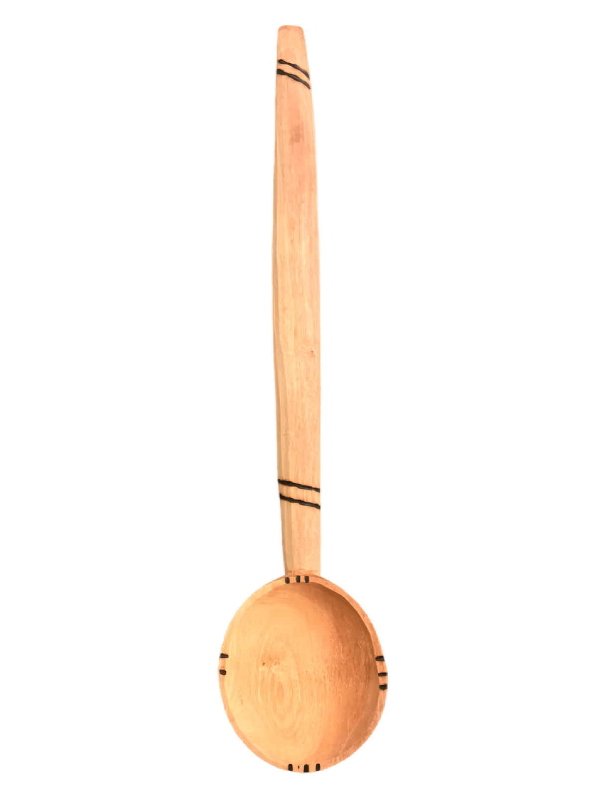 Cuillère en bois artisanale africaine grande avec manche long et décorations sculptées, idéale pour servir dans la cuisine ou la salle à manger.