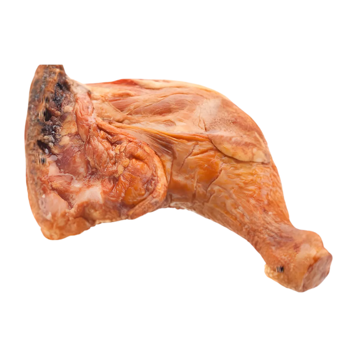 Cuisse de poulet fumé vue de dos, texture tendre et viande juteuse, idéale pour plats traditionnels ou modernes.