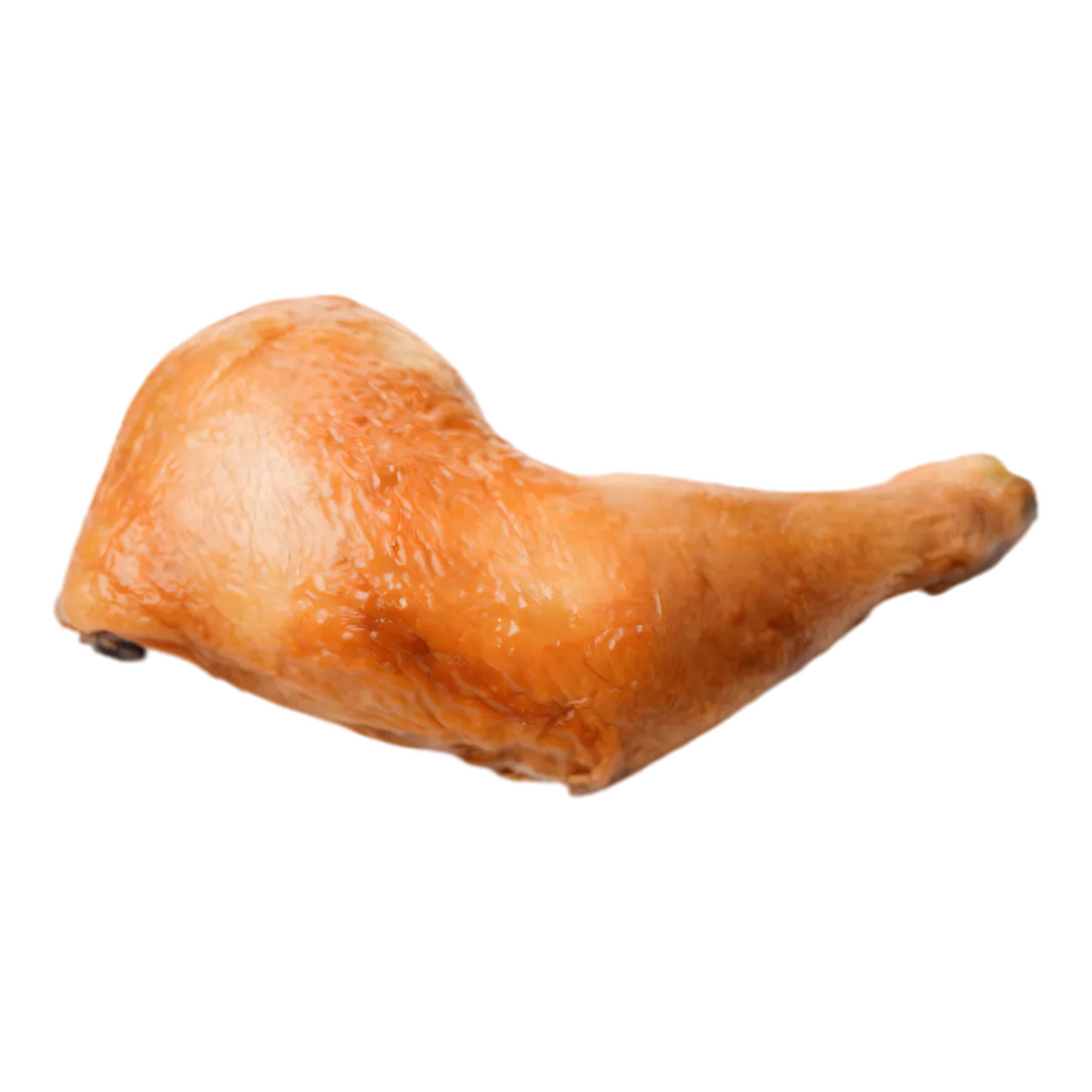 Cuisse de poulet fumé dorée, peau croustillante, idéale pour plats variés. Goût fumé authentique pour recettes savoureuses de volaille.