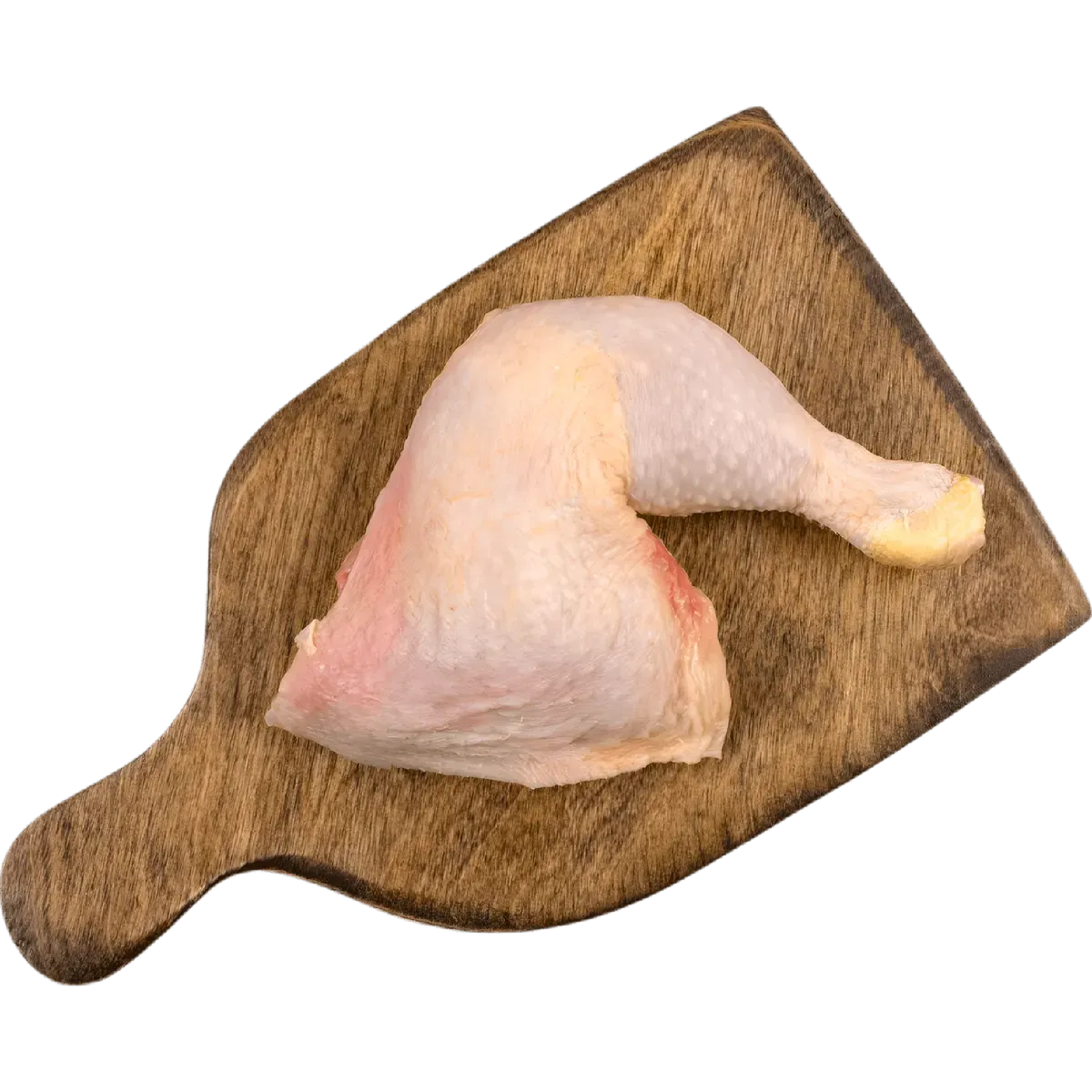 Cuisse de poulet halal posée sur planche en bois, parfaite pour recettes rôties ou grillées. Viande fraîche de volaille certifiée halal.