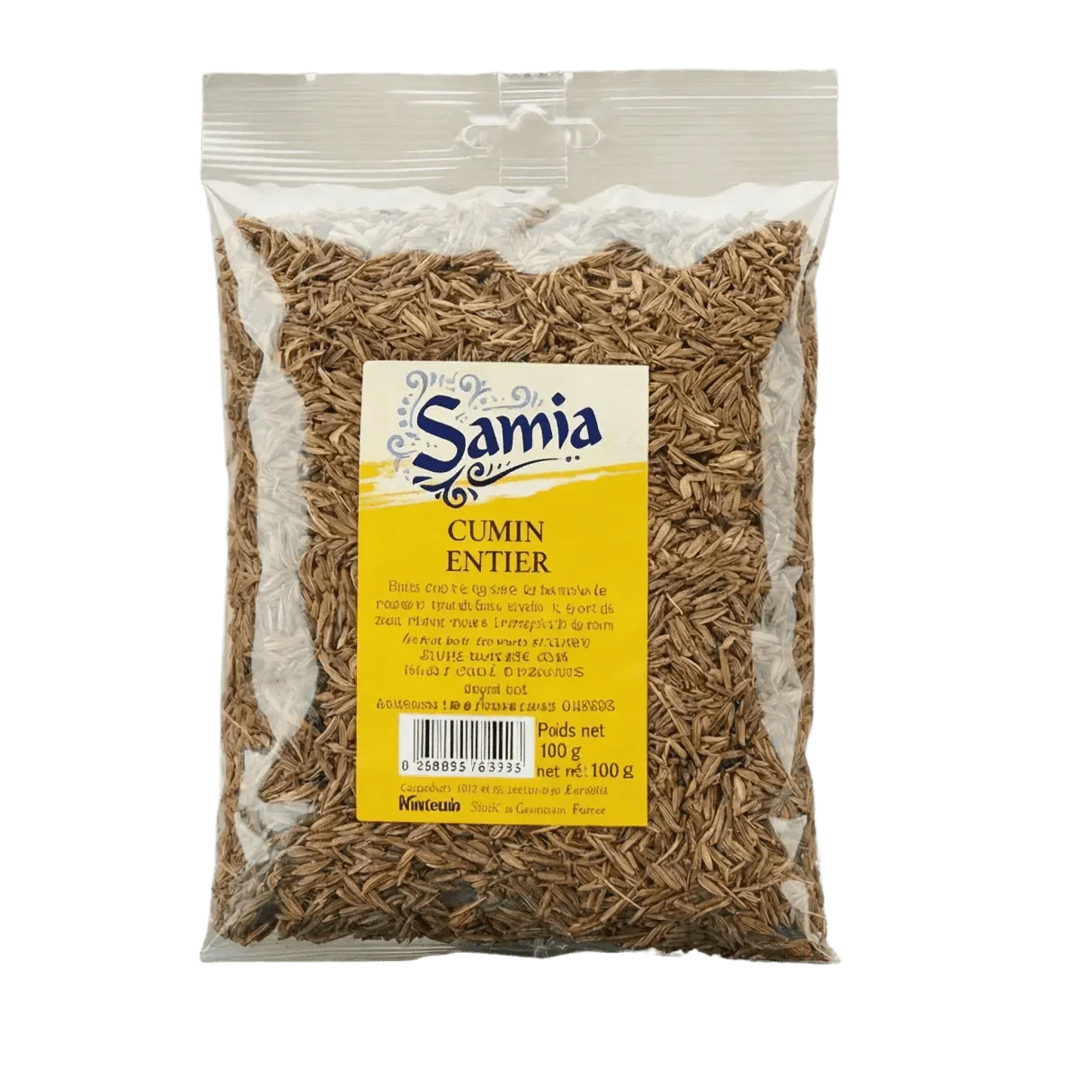 Paquet de cumin entier SAMIA, focus sur l'emballage transparent rempli de graines.