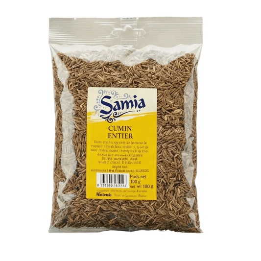 Paquet de cumin entier SAMIA, focus sur l'emballage transparent rempli de graines.