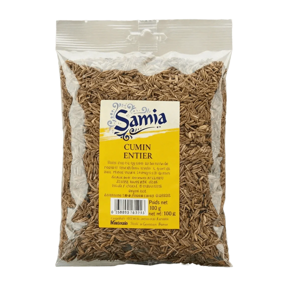 Package of whole cumin SAMIA, focus on the transparent packaging filled with seeds.