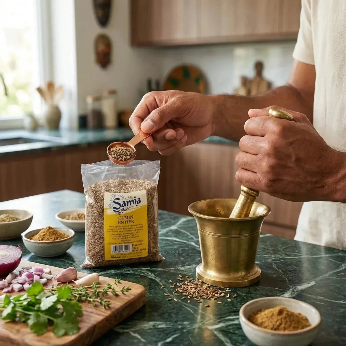 Whole cumin SAMIA 100g. Culinary preparation with fresh herbs, spices in bowls, mortar.