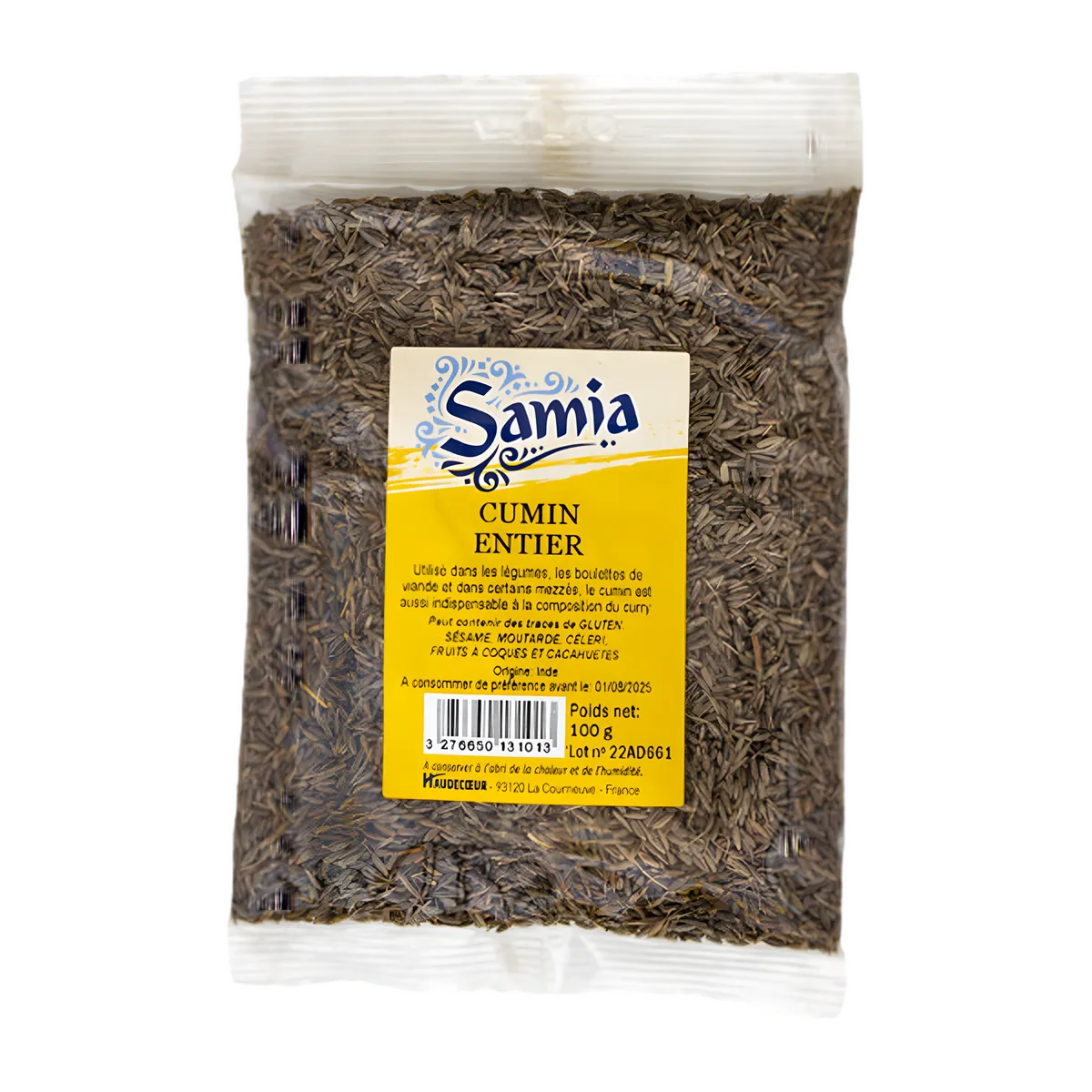 Cumin Entier Samia - Épice Aromatique en sachet hermétique, parfait pour relever plats salés avec une saveur chaude et citronnée.