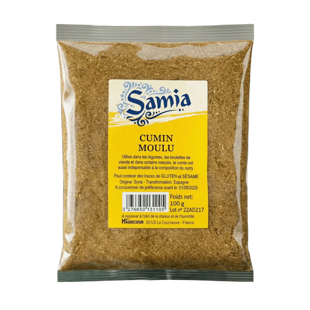 Paquete de comino molido SAMIA, 100g. Bolsa de especias sobre fondo liso.