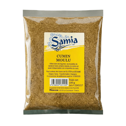 Paquete de comino molido SAMIA, 100g. Bolsa de especias sobre fondo liso.