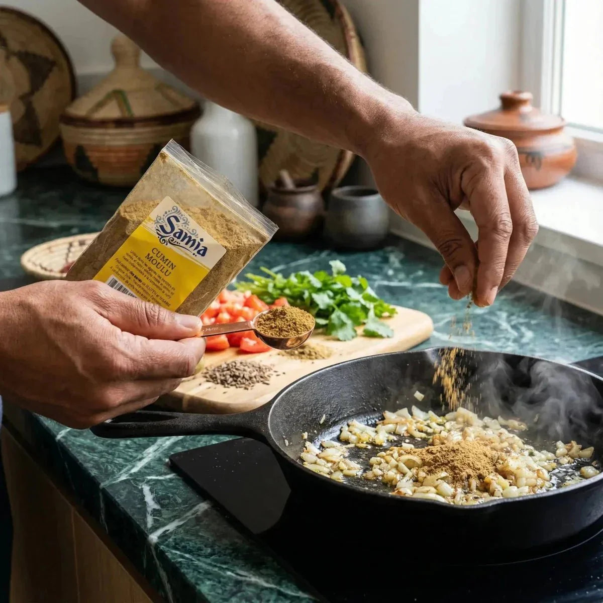 Cumin moulu SAMIA 100g. Préparation culinaire : une main saupoudre l'épice sur des oignons dans.