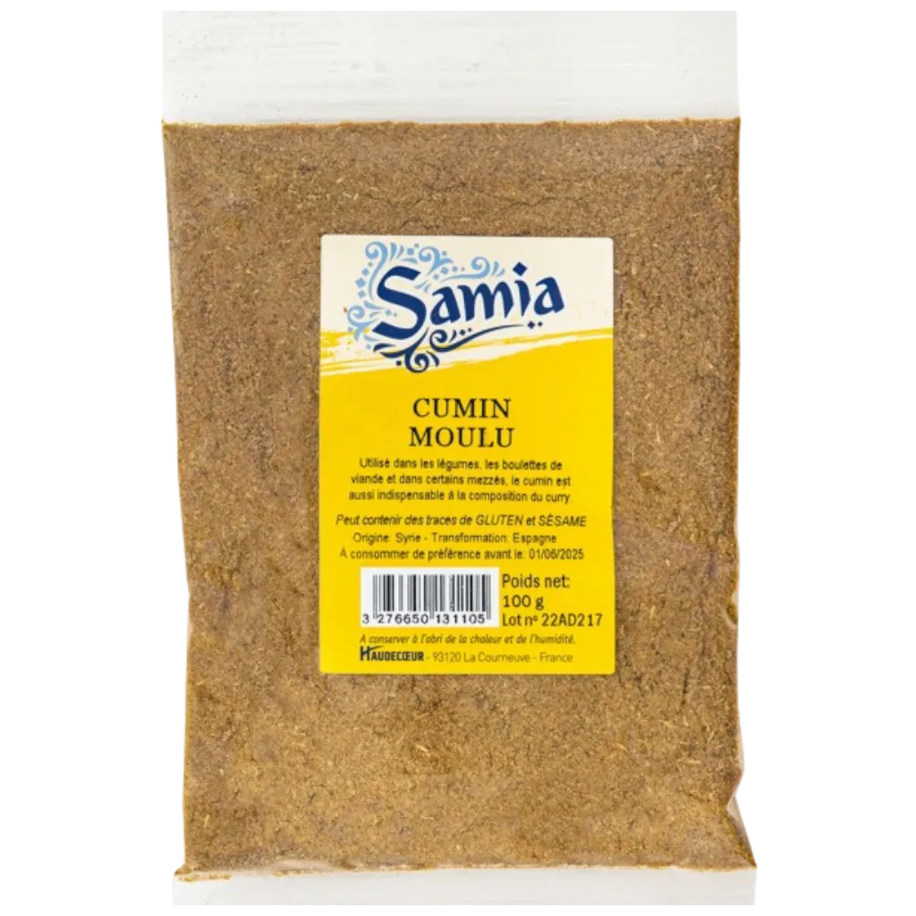 Cumin moulu SAMIA en sachet de 100g, épice essentielle au parfum chaud pour cuisine méditerranéenne. Idéal pour soupes et plats mijotés.