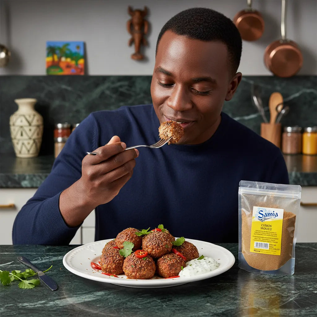 Homme dégustant des boulettes épicées avec cumin moulu SAMIA en arrière-plan. Épice chaude idéale pour plats orientaux et marinades.