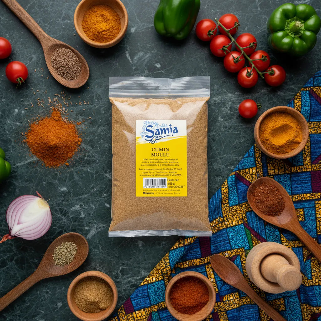 Sachet de cumin moulu SAMIA entouré d'épices et légumes frais sur fond de cuisine. Parfait pour recettes méditerranéennes et épicerie salée.