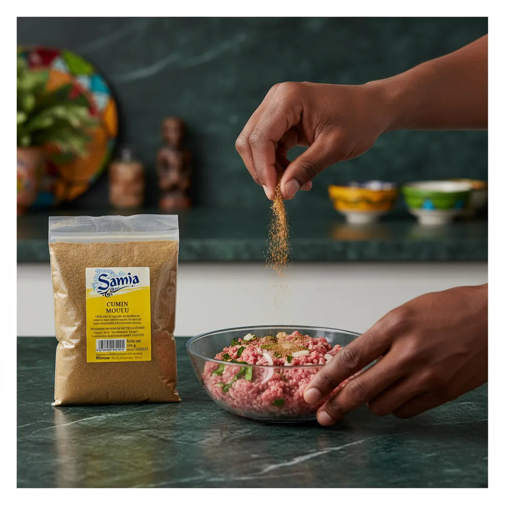 Main saupoudrant du cumin moulu SAMIA sur viande hachée. Parfait pour relever keftas, tajines et recettes méditerranéennes maison.