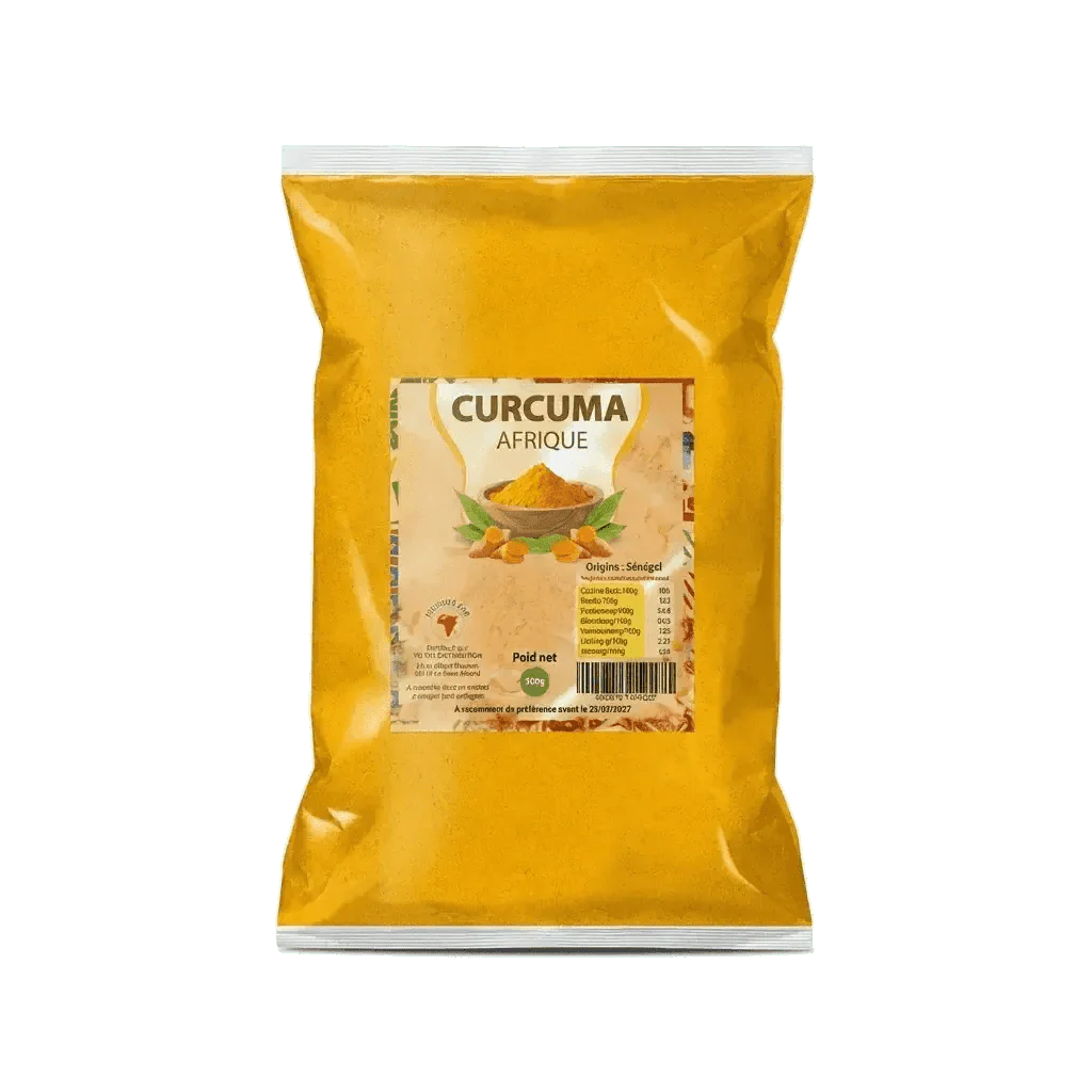 Bolsa de cúrcuma África de NUMBER ONE, especia amarilla en polvo, sobre fondo verde.