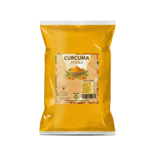 Bolsa de cúrcuma África de NUMBER ONE, especia amarilla en polvo, sobre fondo verde.