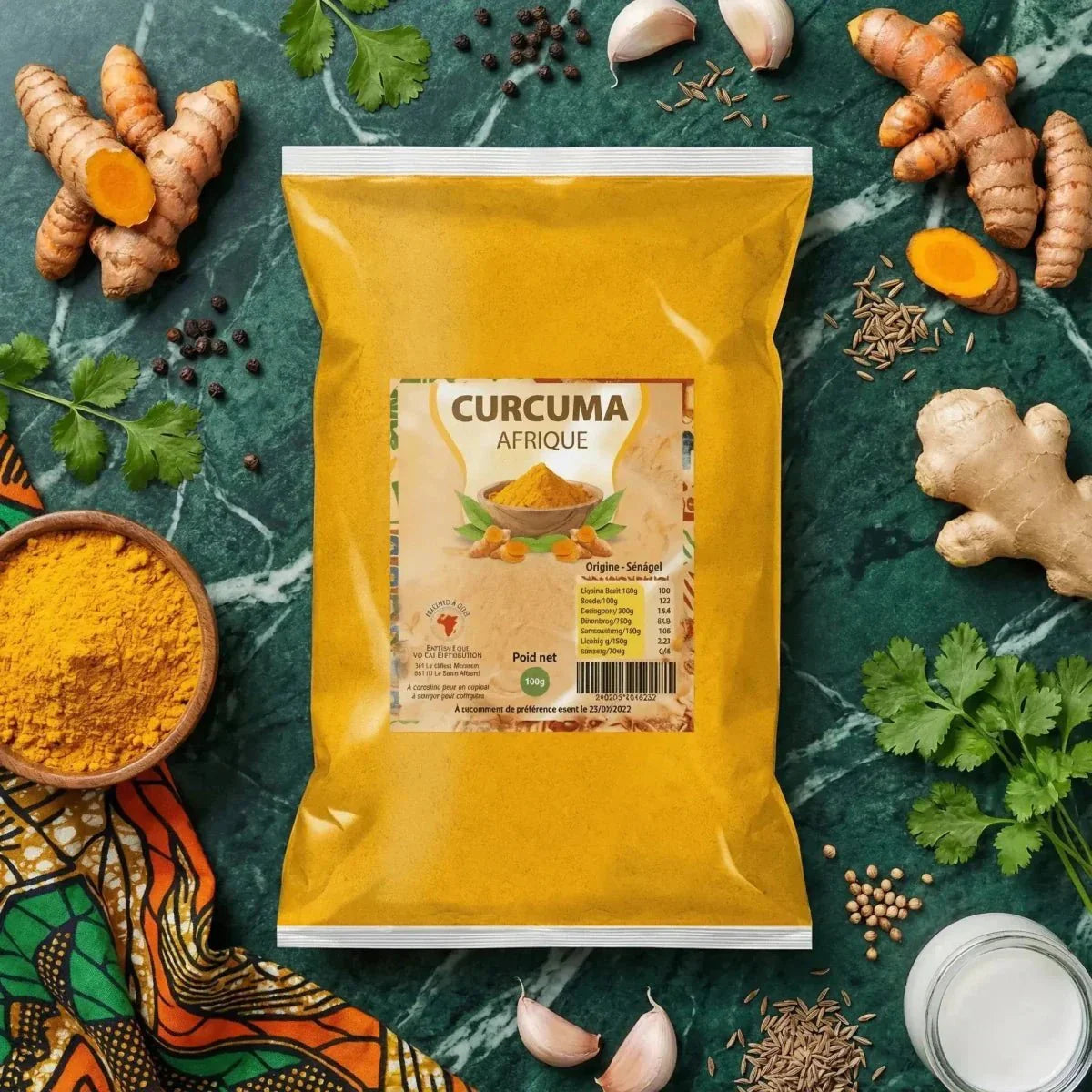 Curcuma Afrique NUMBER ONE im Beutel, Kurkumawurzel, Schale mit Pulver, Knoblauch, Koriander, Anis.