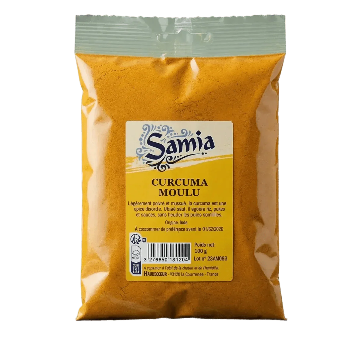 Bolsa de cúrcuma molida SAMIA, sobre fondo liso. Empaque amarillo, información en francés.