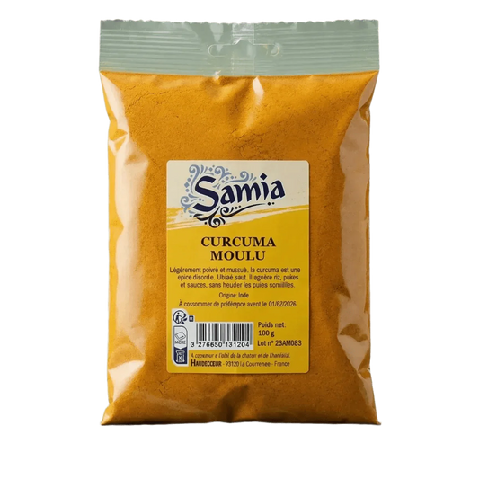 Bolsa de cúrcuma molida SAMIA, sobre fondo liso. Empaque amarillo, información en francés.