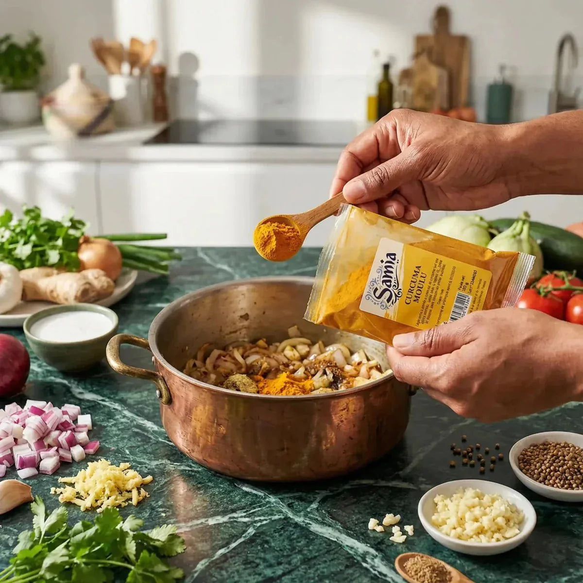 Curcuma macinata SAMIA, 100g, aggiunta a una preparazione in corso in una cucina.