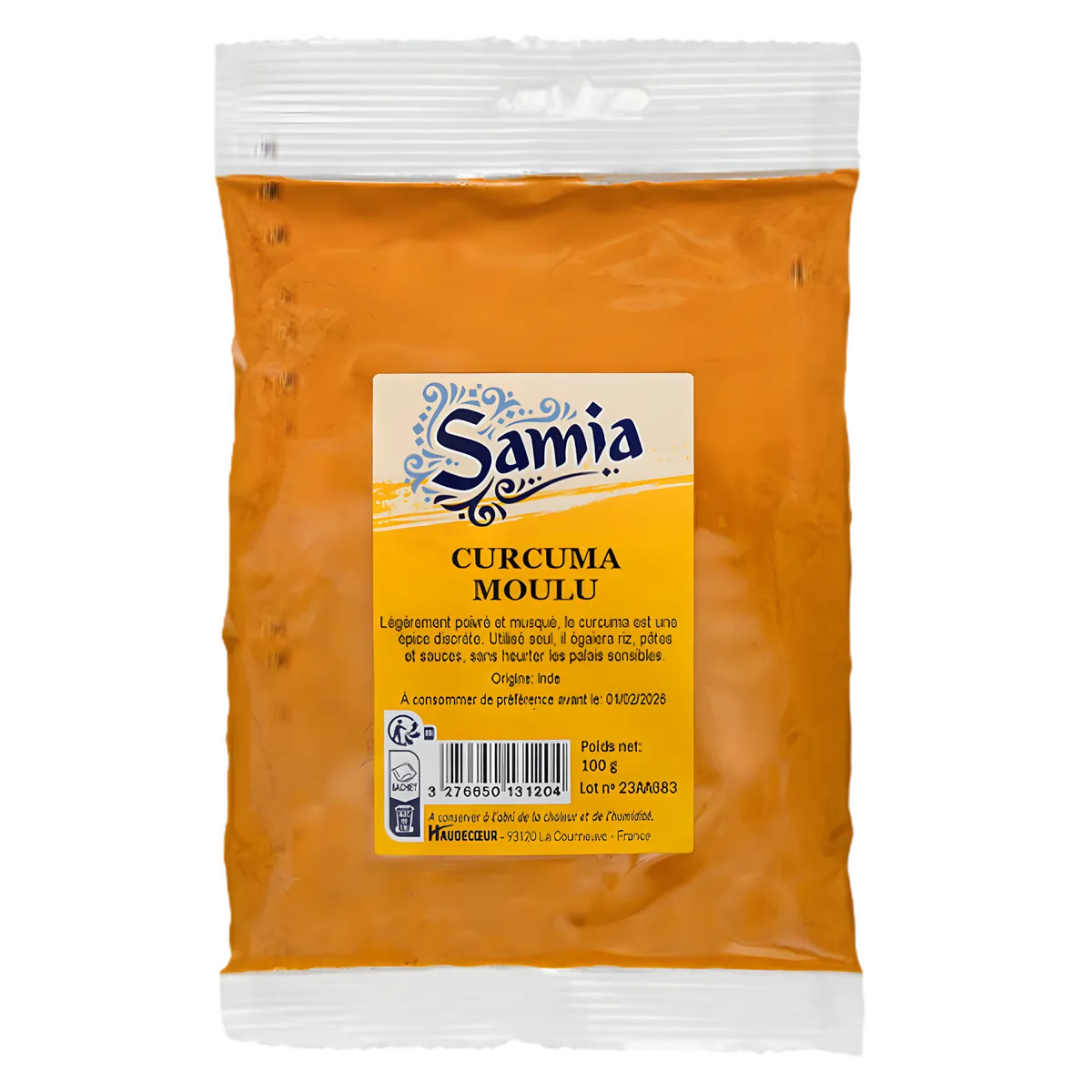 Curcuma moulu SAMIA - Bienfaits Curcuma | Épice Santé en sachet de 100g, idéal pour assaisonner plats salés, sauces et marinades.