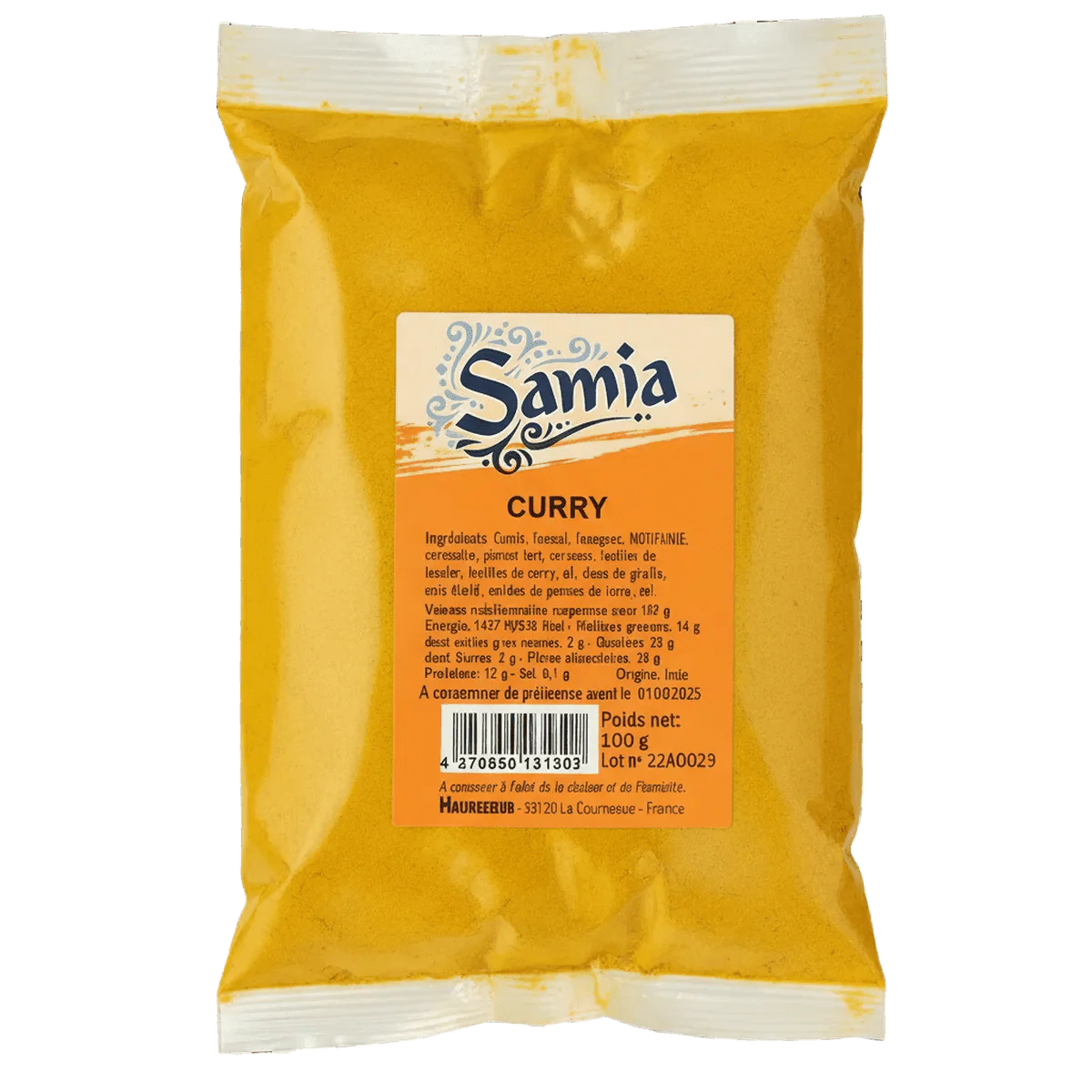 Bolsa de curry SAMIA, especias en polvo. Primer plano del envase naranja con los ingredientes.