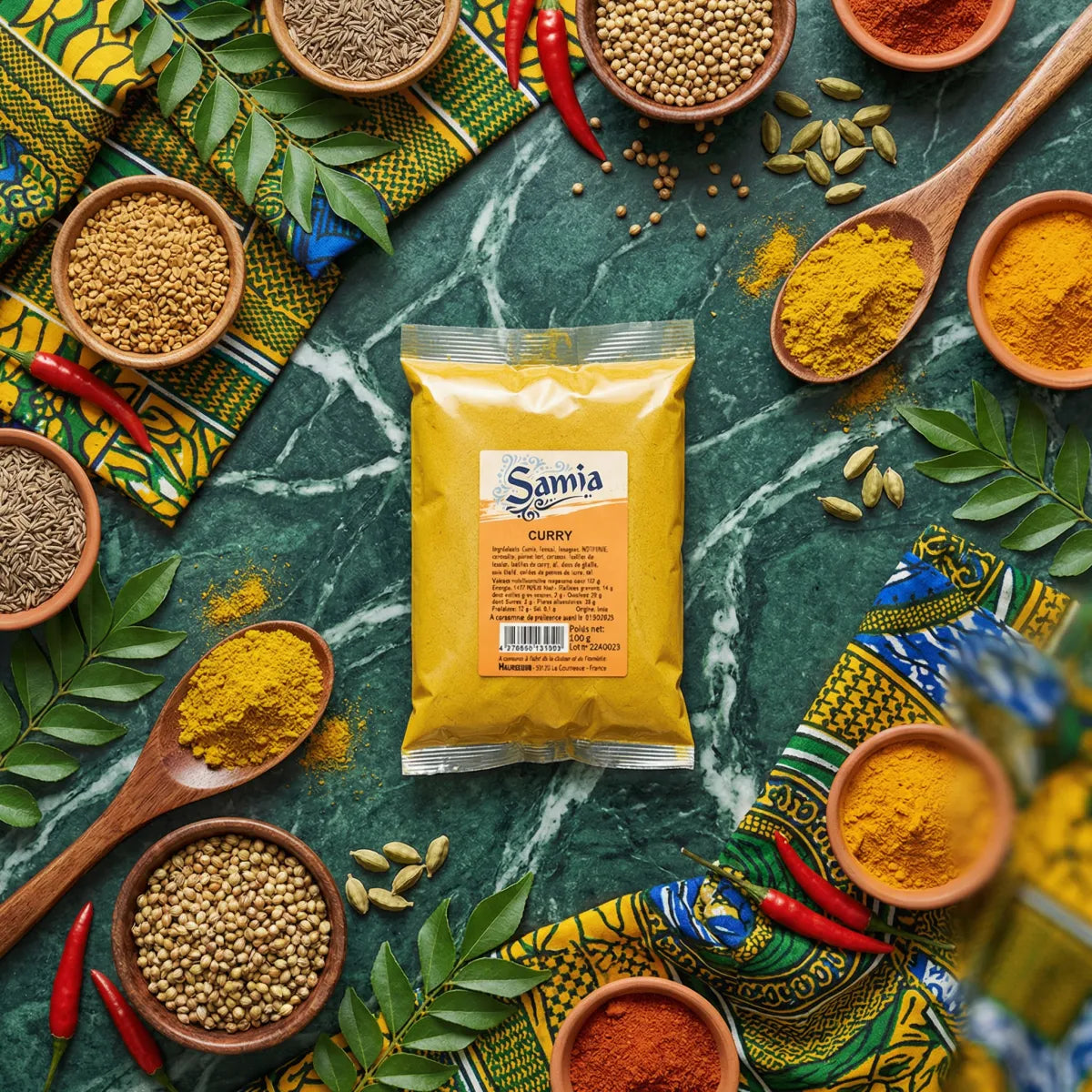 Curry Samia en sachet entouré d'épices colorées : cumin, curcuma, coriandre, piment.