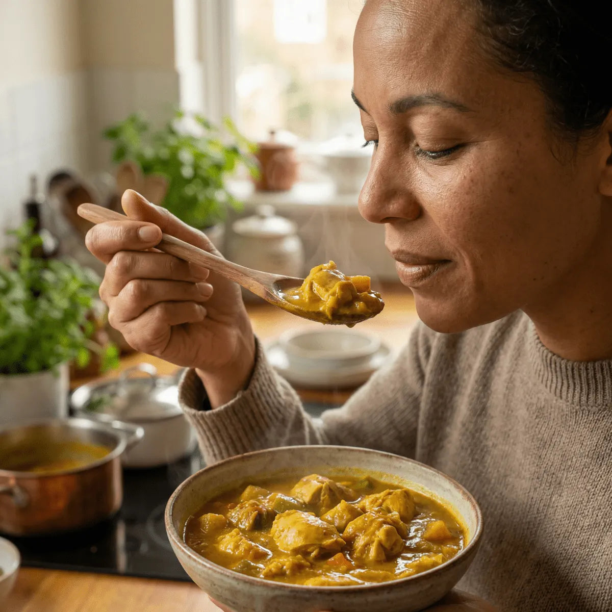 Curry SAMIA : femme sentant un plat de curry fumant avant de le déguster avec une cuillère en bois.