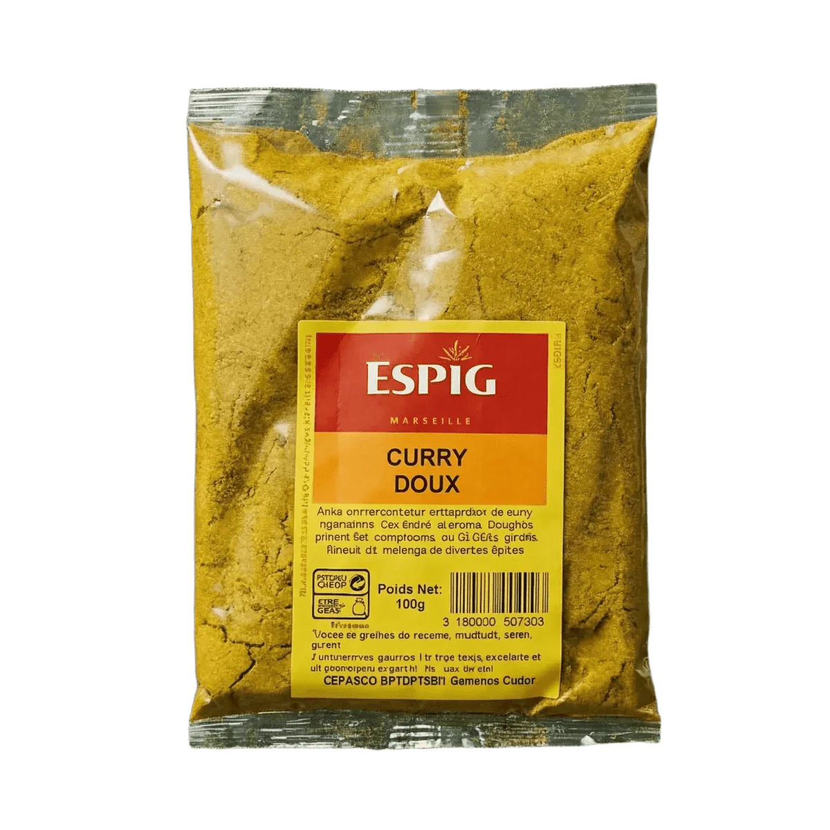 100g ESPIG mild curry packet. Plastic pouch filled with yellow curry powder.