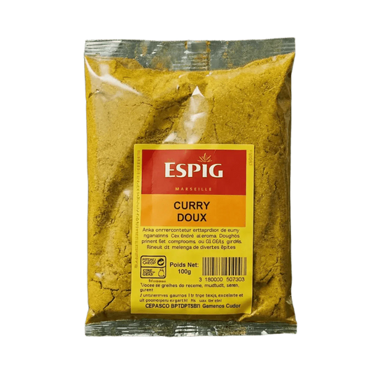 100g ESPIG mild curry packet. Plastic pouch filled with yellow curry powder.