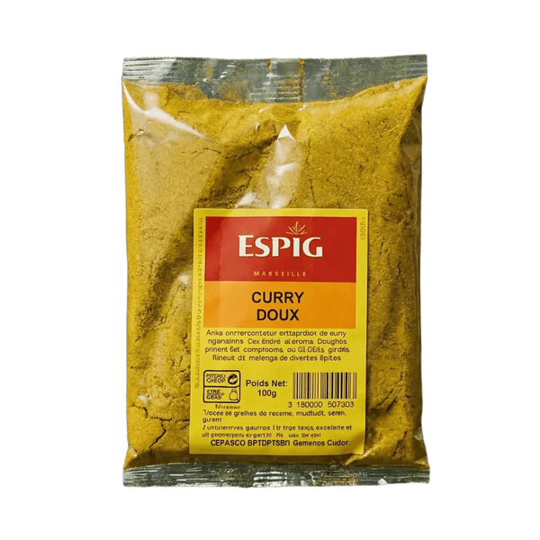 100g ESPIG mild curry packet. Plastic pouch filled with yellow curry powder.
